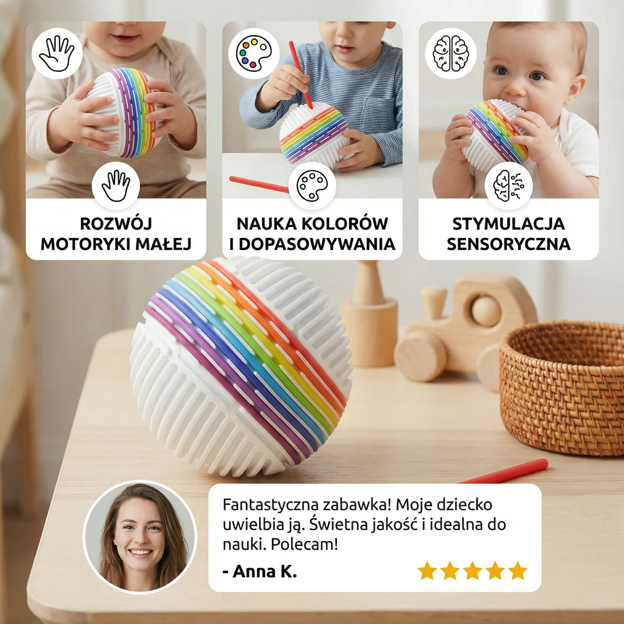 Piłka sensoryczna Montessori – silikonowa zabawka do nauki kolorów i rozwoju motoryki - Image 3