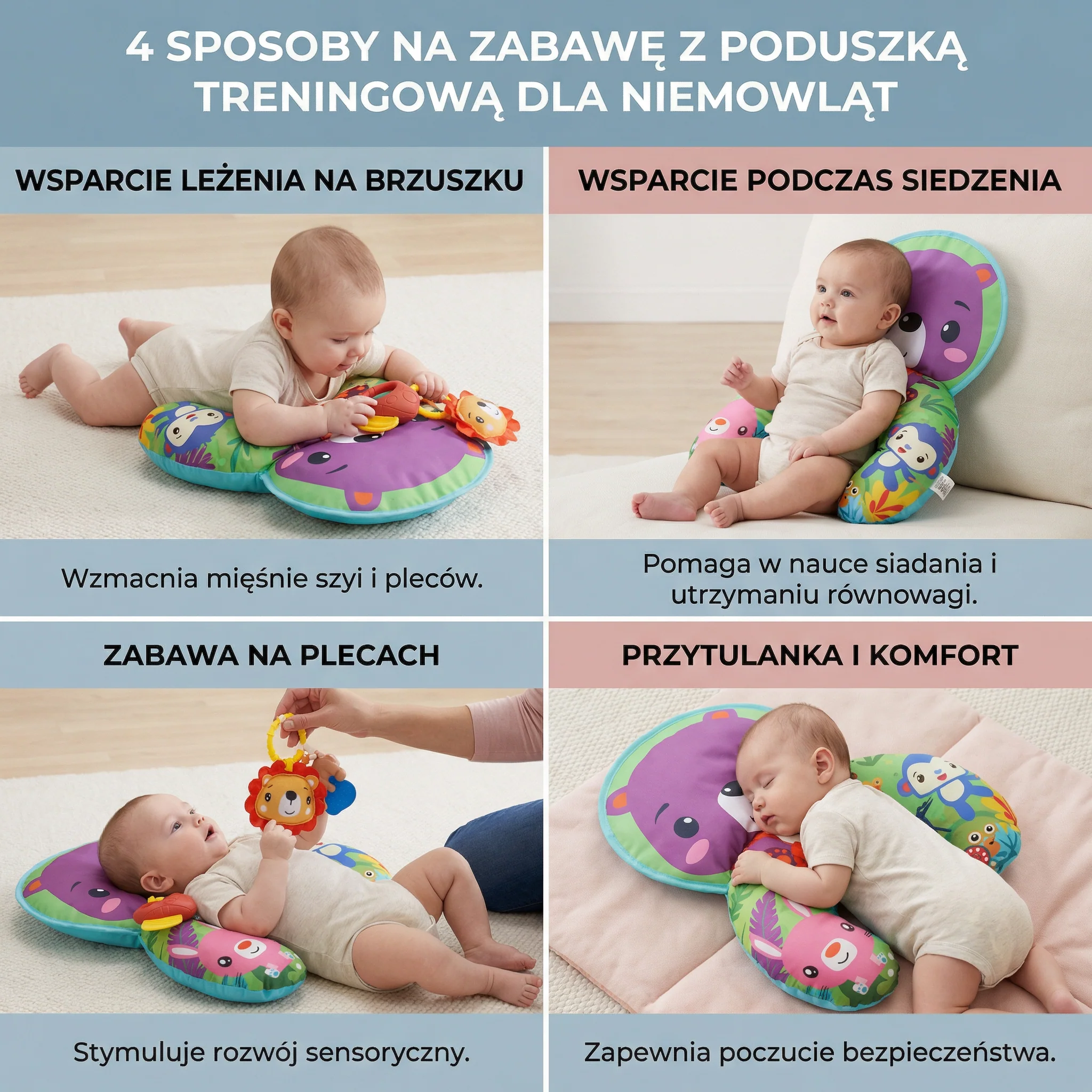 Poduszka treningowa dla niemowląt do leżenia na brzuszku z pałąkiem do zabawy – Wspiera rozwój sensoryczny i wczesny rozwój - Image 4