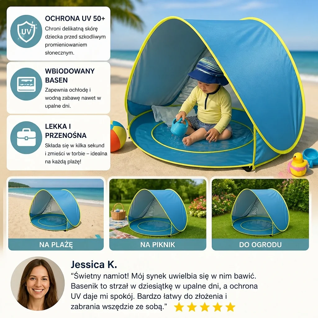 Pop-Up Baby Beach Tent z Wbudowanym Basenem i Ochroną UV – Przenośny Parasolka dla Dzieci - Image 4