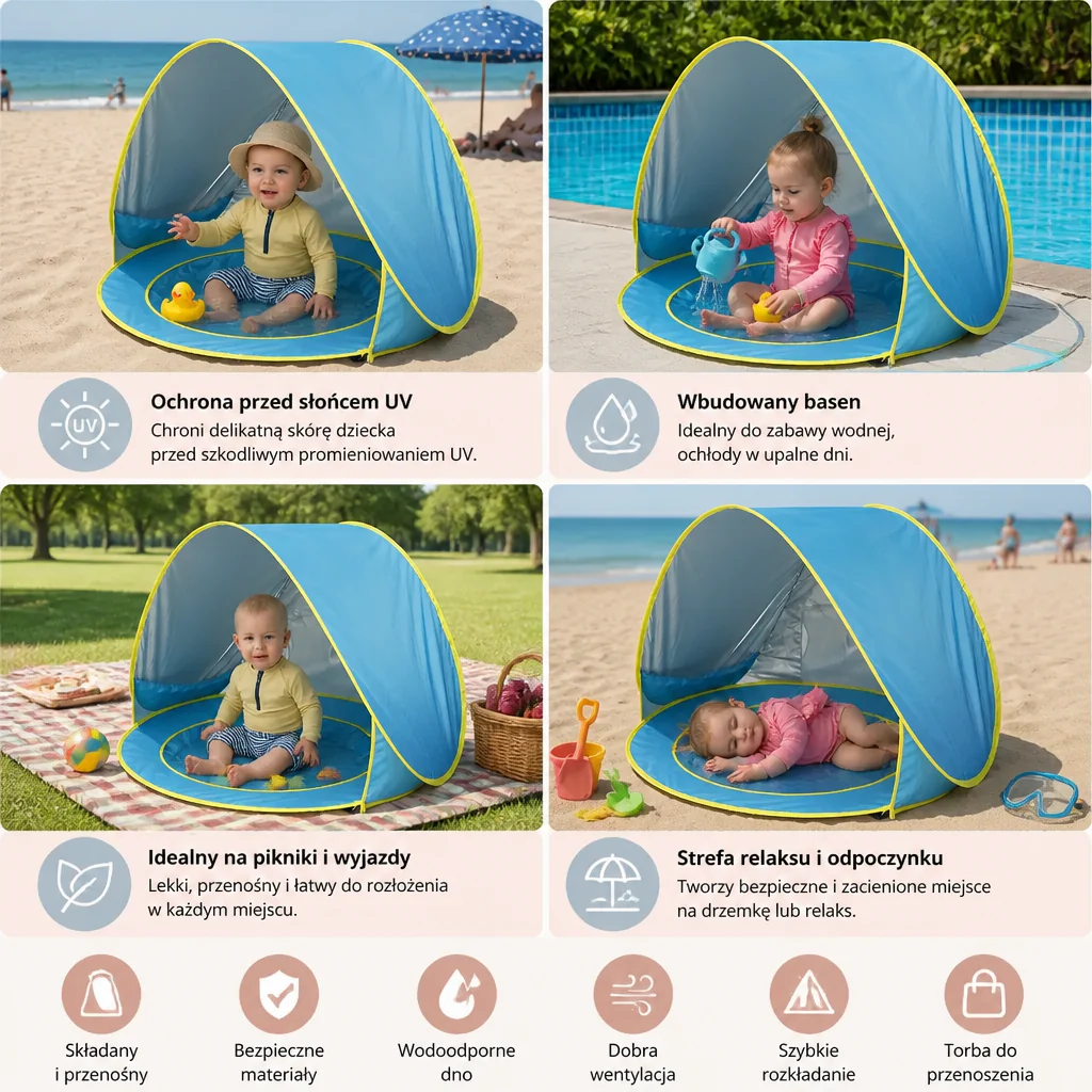 Pop-Up Baby Beach Tent z Wbudowanym Basenem i Ochroną UV – Przenośny Parasolka dla Dzieci - Image 5
