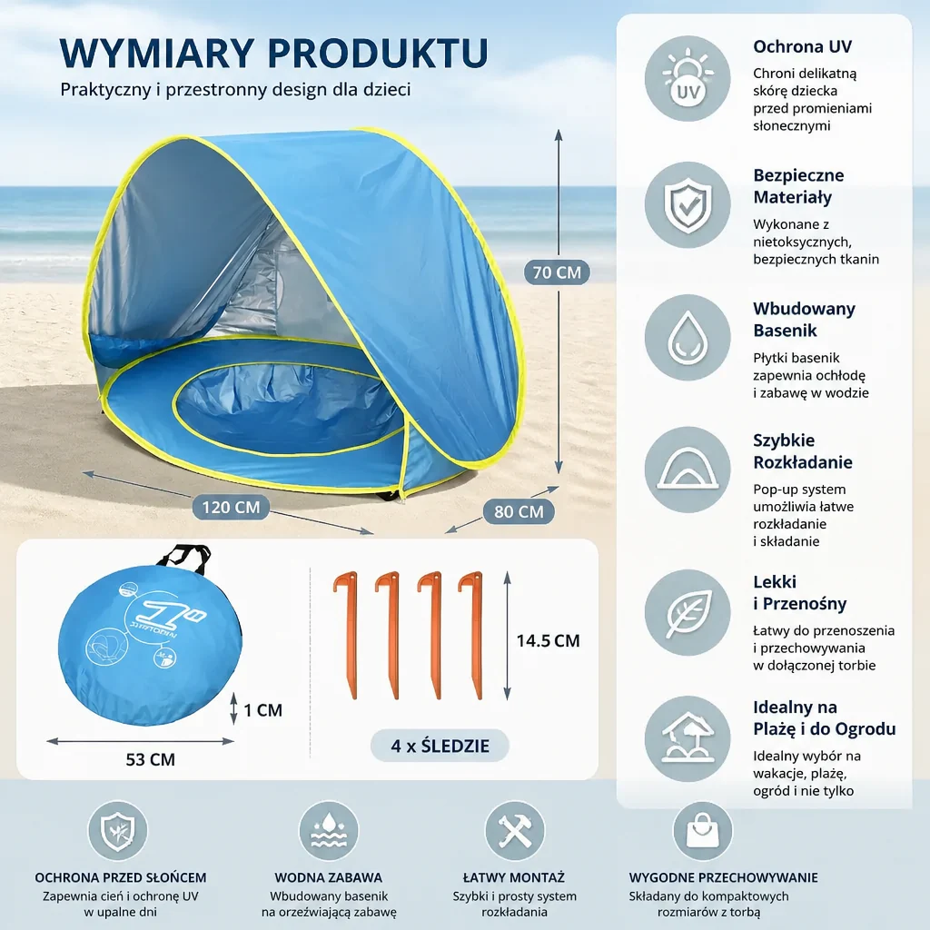 Pop-Up Baby Beach Tent z Wbudowanym Basenem i Ochroną UV – Przenośny Parasolka dla Dzieci - Image 6