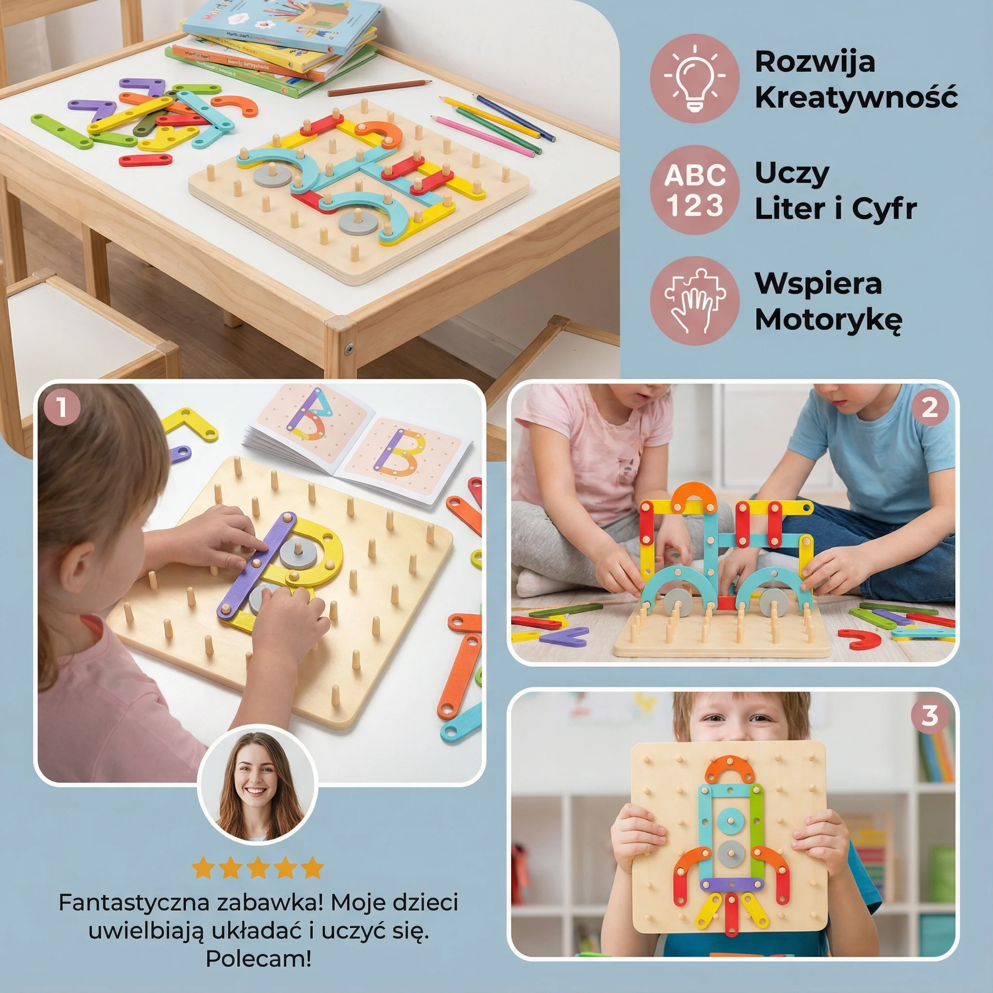 Puzzle Montessori z kołkami dla dzieci ⎜ Kreatywna zabawka do dopasowywania kształtów z literami i cyframi do nauki wczesnej. - Image 3