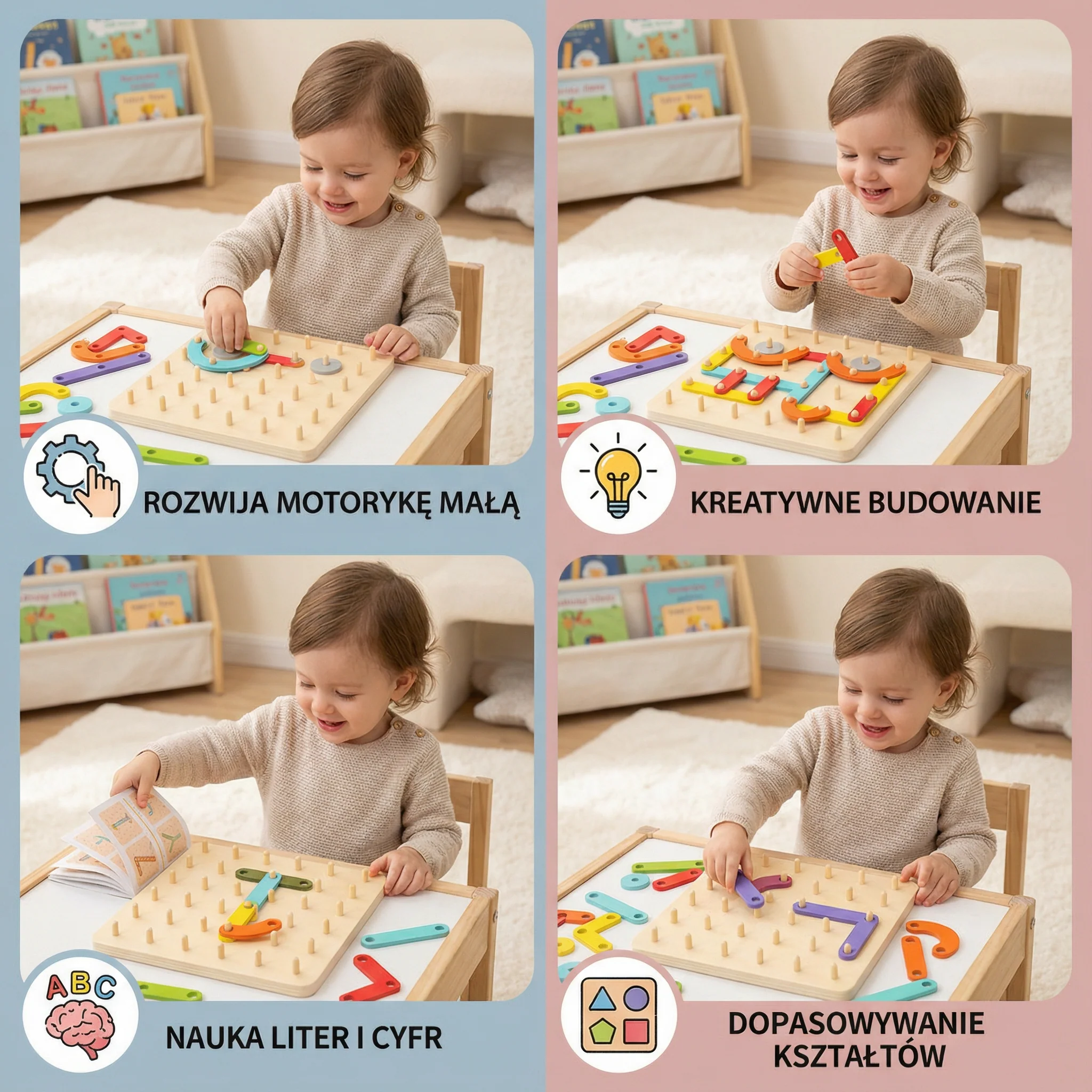 Puzzle Montessori z kołkami dla dzieci ⎜ Kreatywna zabawka do dopasowywania kształtów z literami i cyframi do nauki wczesnej. - Image 4