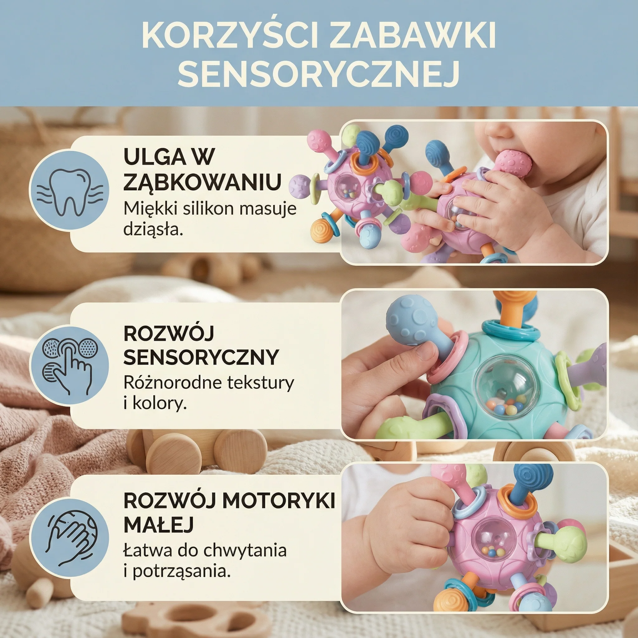 Sensoryczna piłeczka sensoryczna dla niemowląt z silikonowym gryzakiem i grzechotką - Image 2