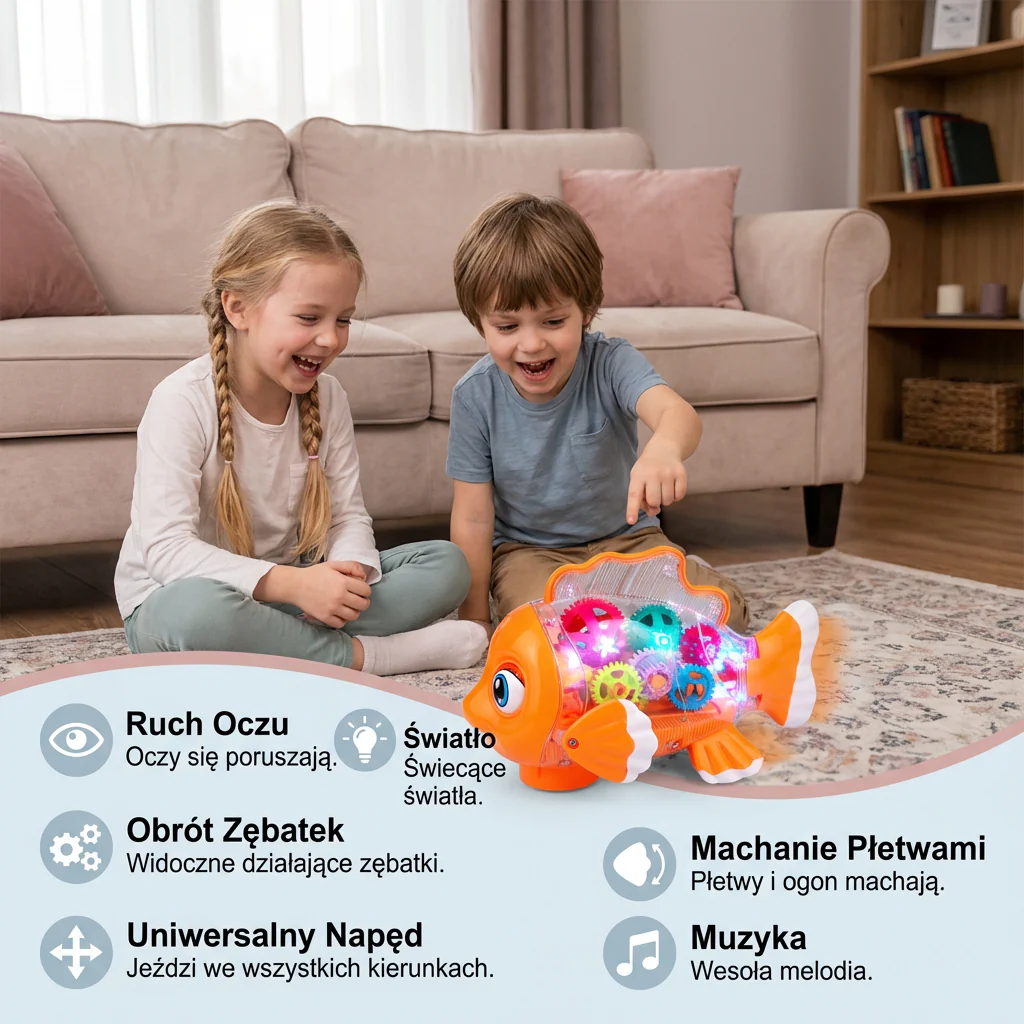 Świecąca zabawka w kształcie rybki z przekładniami dla dzieci – przezroczyste ruchome koła zębate z muzyką i ruchem - Image 2