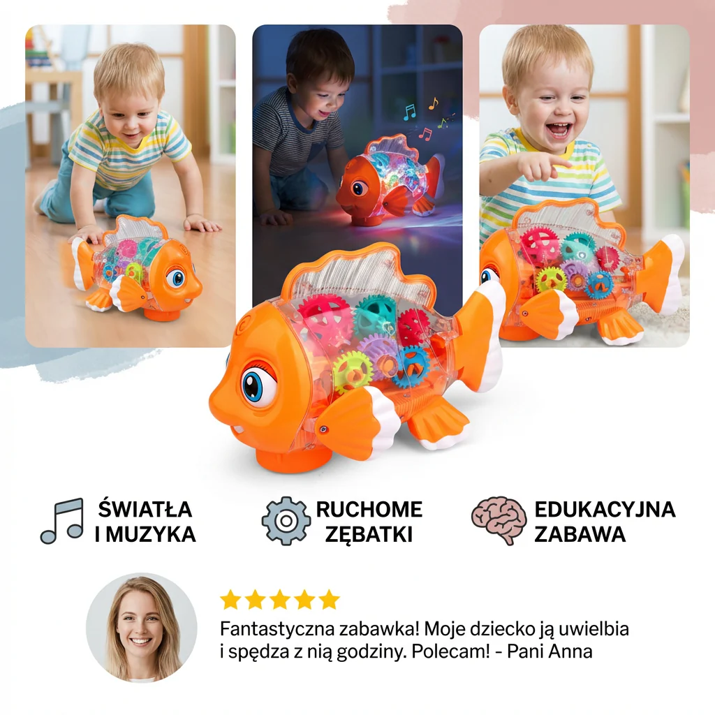 Świecąca zabawka w kształcie rybki z przekładniami dla dzieci – przezroczyste ruchome koła zębate z muzyką i ruchem - Image 3