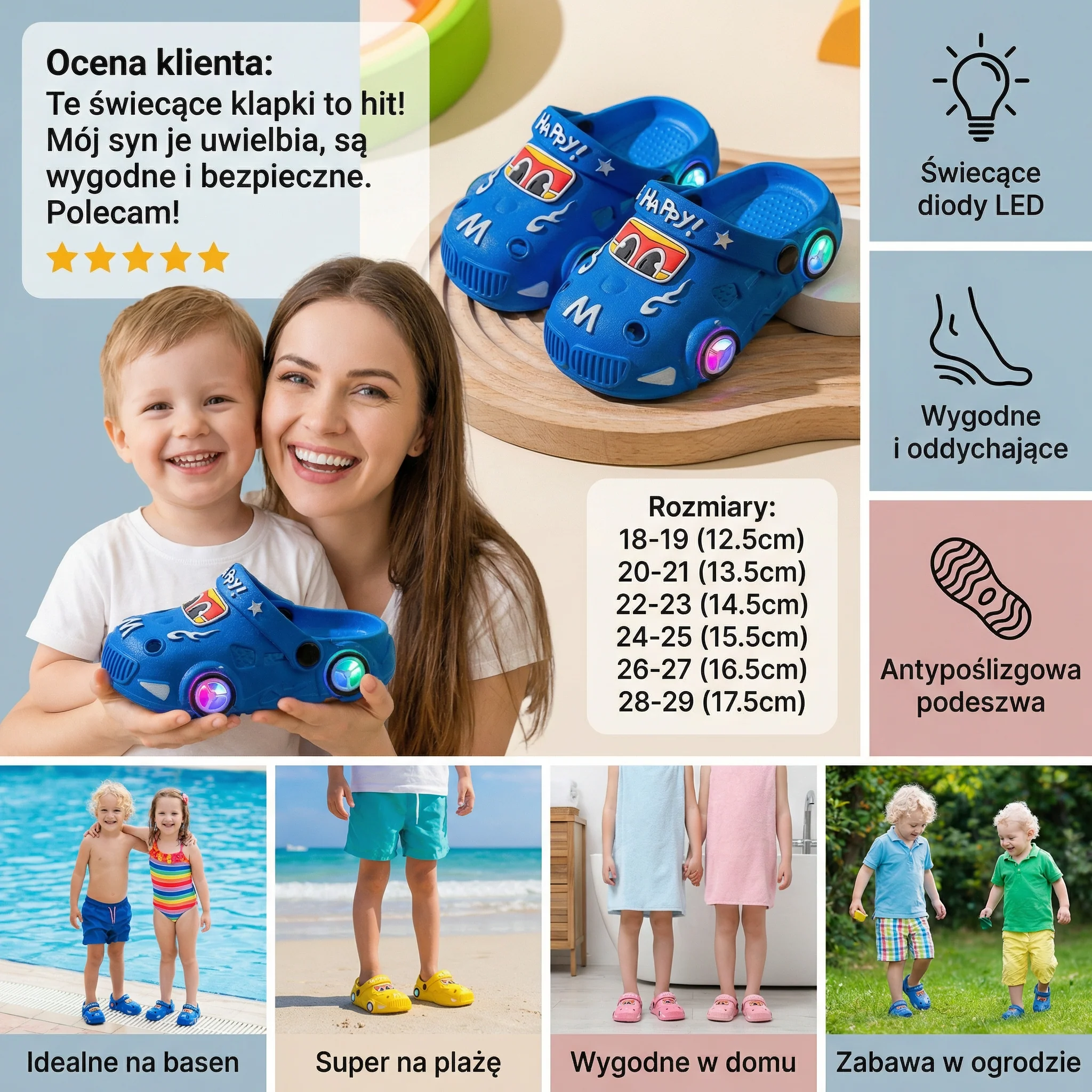 Świecące klapki dziecięce z motywem samochodu – klapki kąpielowe z antypoślizgową podeszwą - Image 3