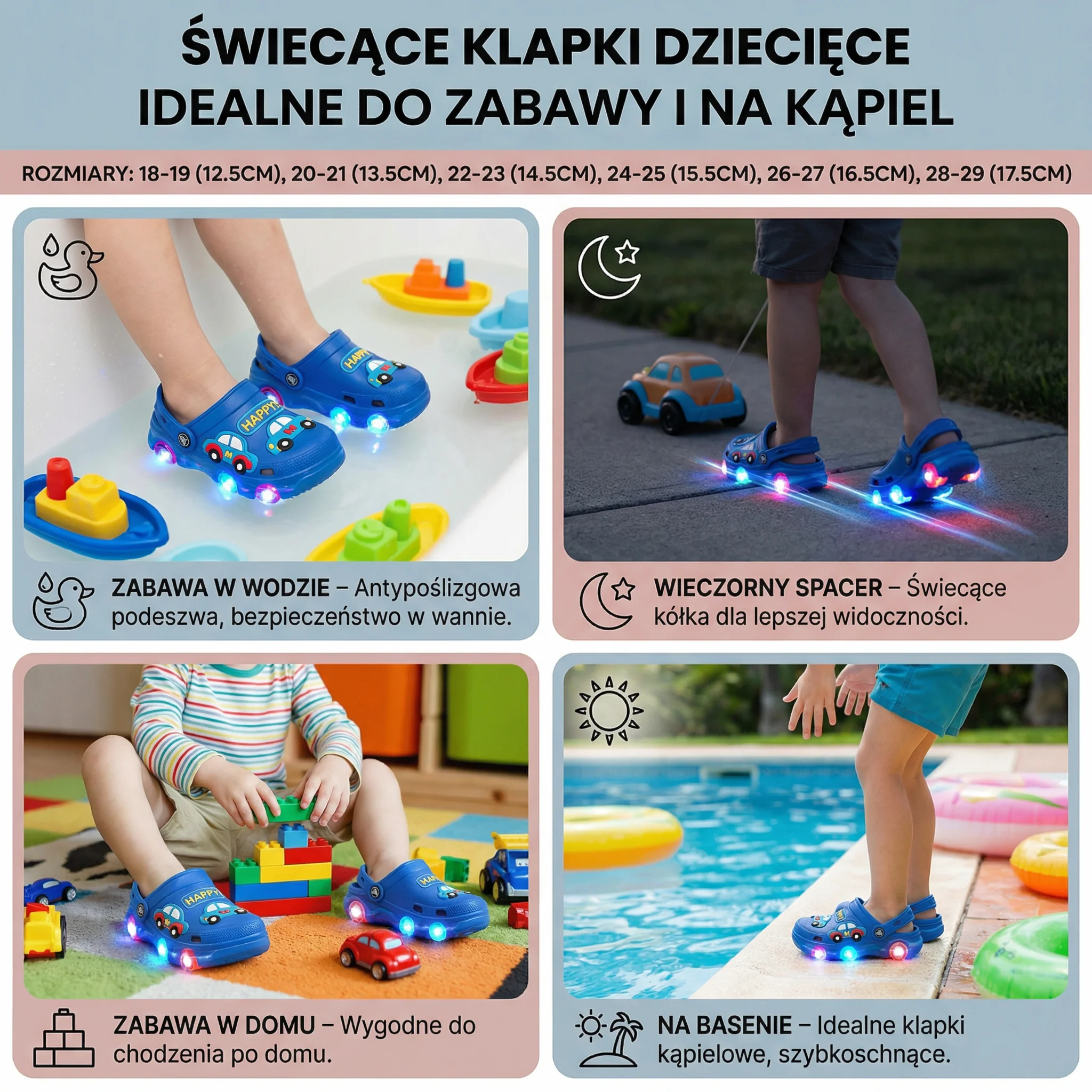 Świecące klapki dziecięce z motywem samochodu – klapki kąpielowe z antypoślizgową podeszwą - Image 4