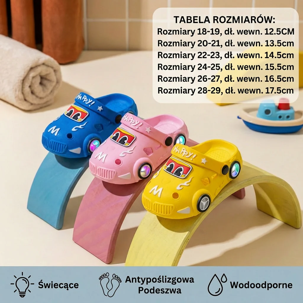 Świecące klapki dziecięce z motywem samochodu – klapki kąpielowe z antypoślizgową podeszwą - Image 5