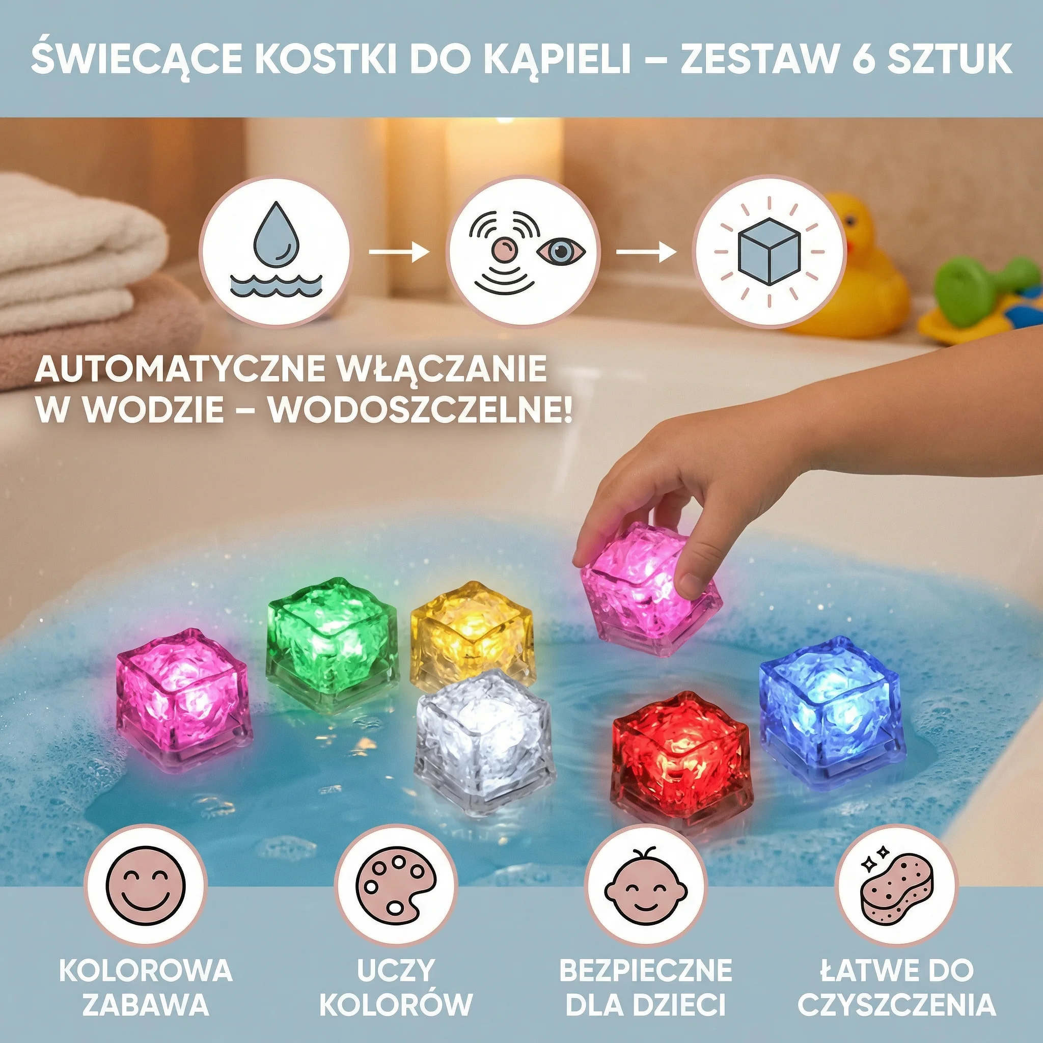 Świecące kostki do kąpieli – zabawka dla dzieci, zestaw 6 sztuk - Image 2