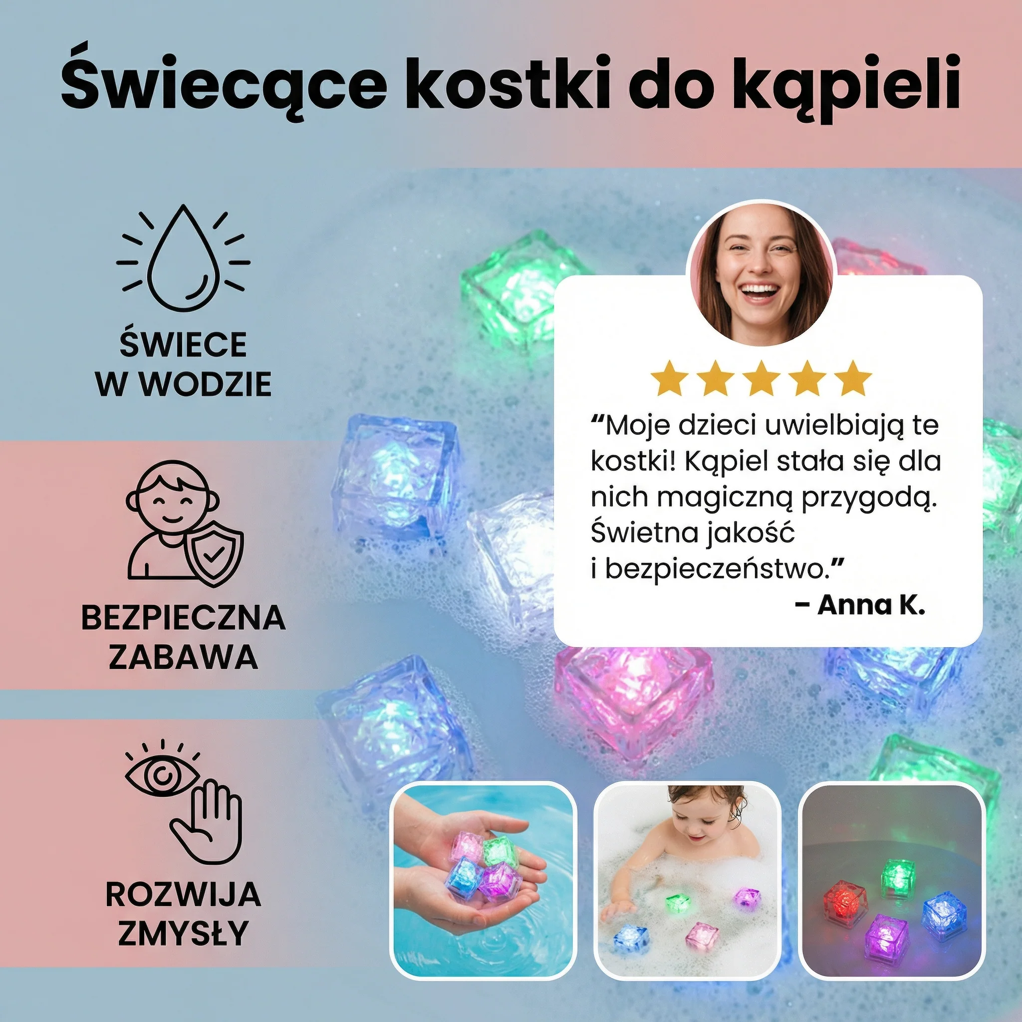 Świecące kostki do kąpieli – zabawka dla dzieci, zestaw 6 sztuk - Image 3