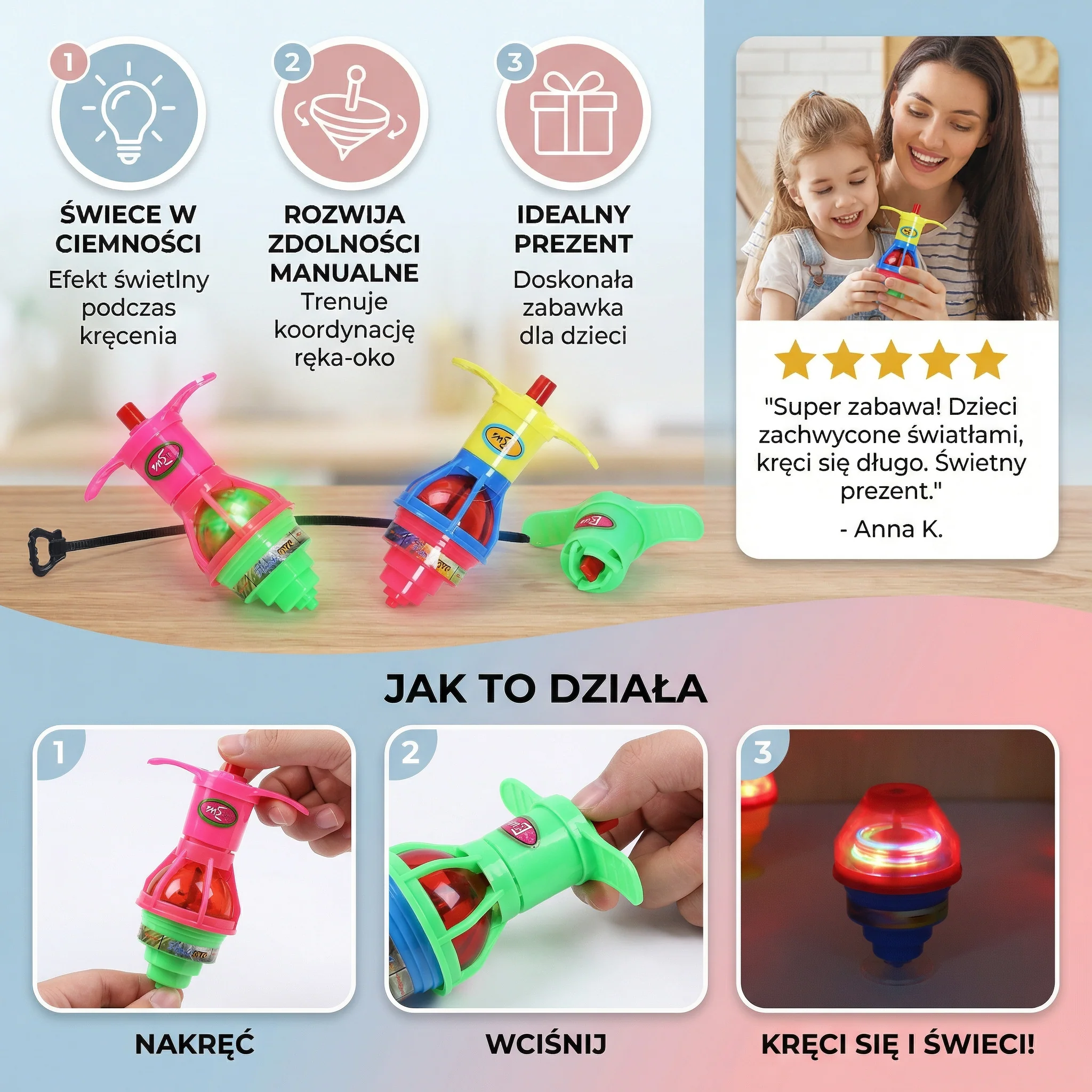 Świecący bączek LED – Kolorowa zabawka prezentowa dla dzieci - Image 2