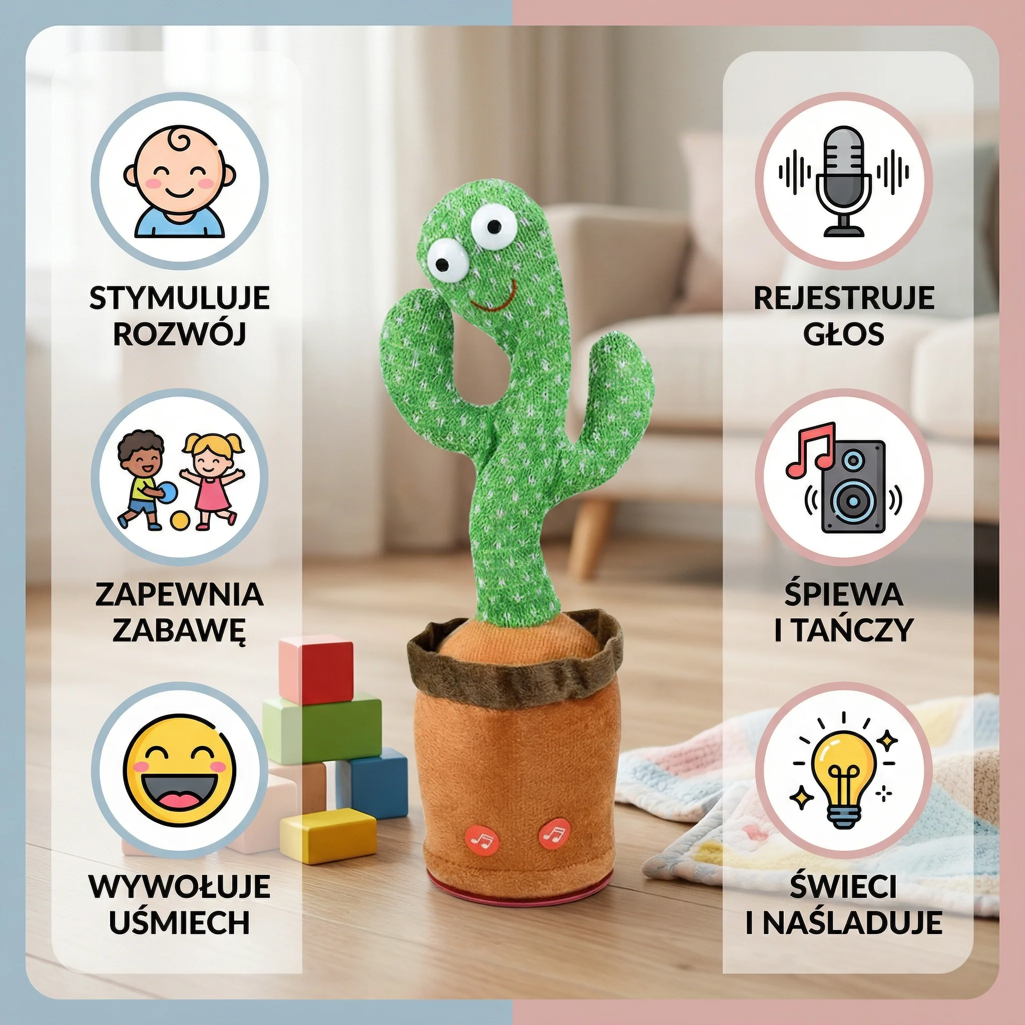 Tańczący kaktus dla dzieci | Śpiewający pluszak ze światłami i mimiką głosu do interaktywnej zabawy muzycznej - Image 2