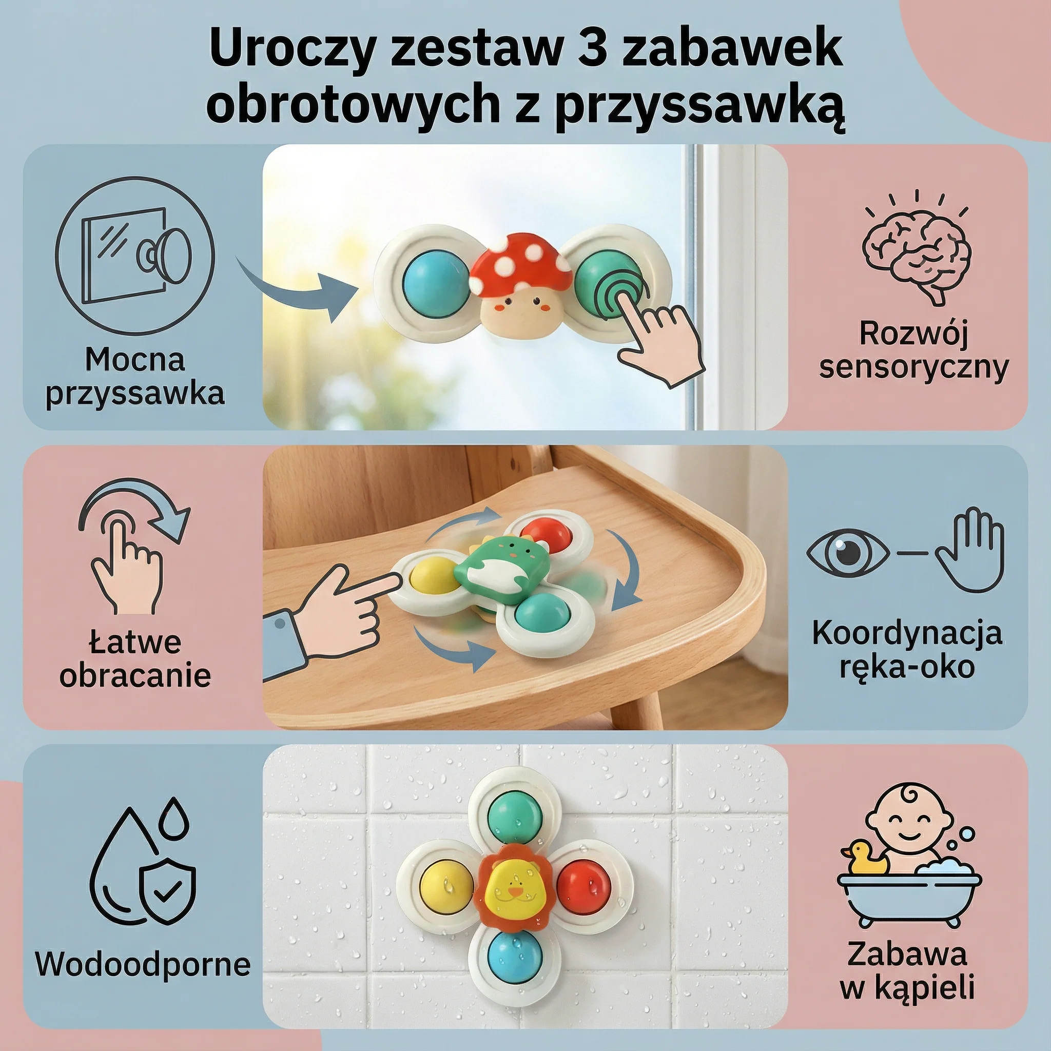 Uroczy zestaw 3 zabawek obrotowych z przyssawką dla niemowląt - Image 2