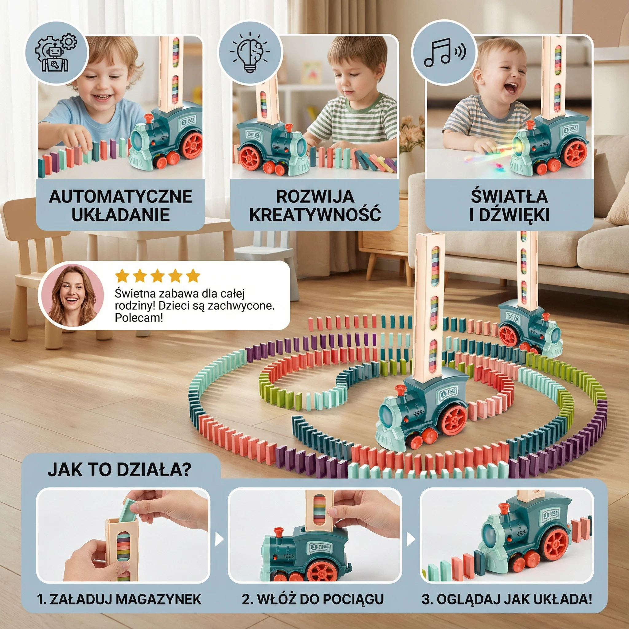 Zabawka kolejowa domino dla dzieci | Automatyczne układanie torów ze światłami i dźwiękiem dla kreatywnej zabawy edukacyjnej - Image 3