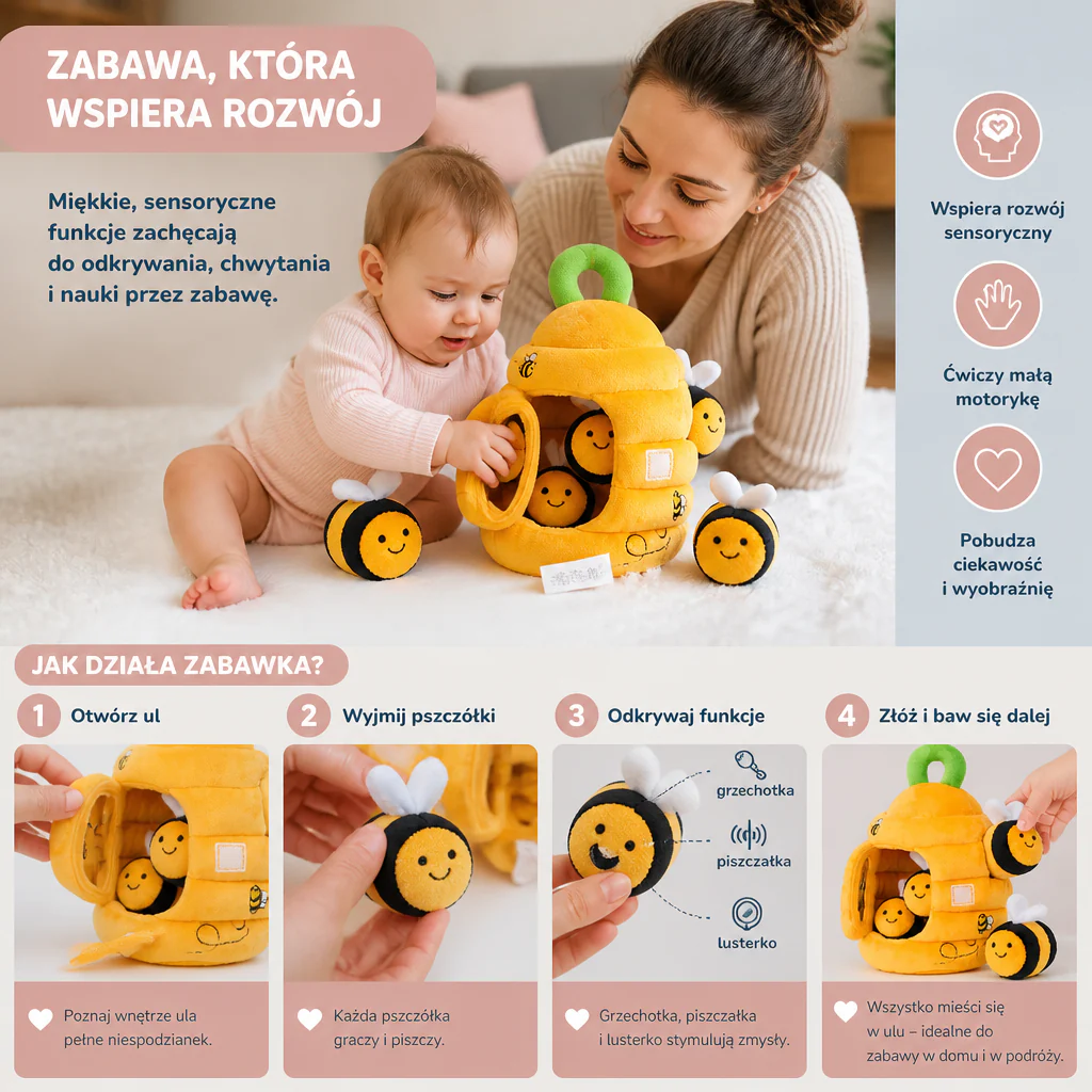 Zabawka sensoryczna dla niemowląt – Ul z Biedronkami, Grzechotkami, Piszczałką i Lusterkiem - Image 2