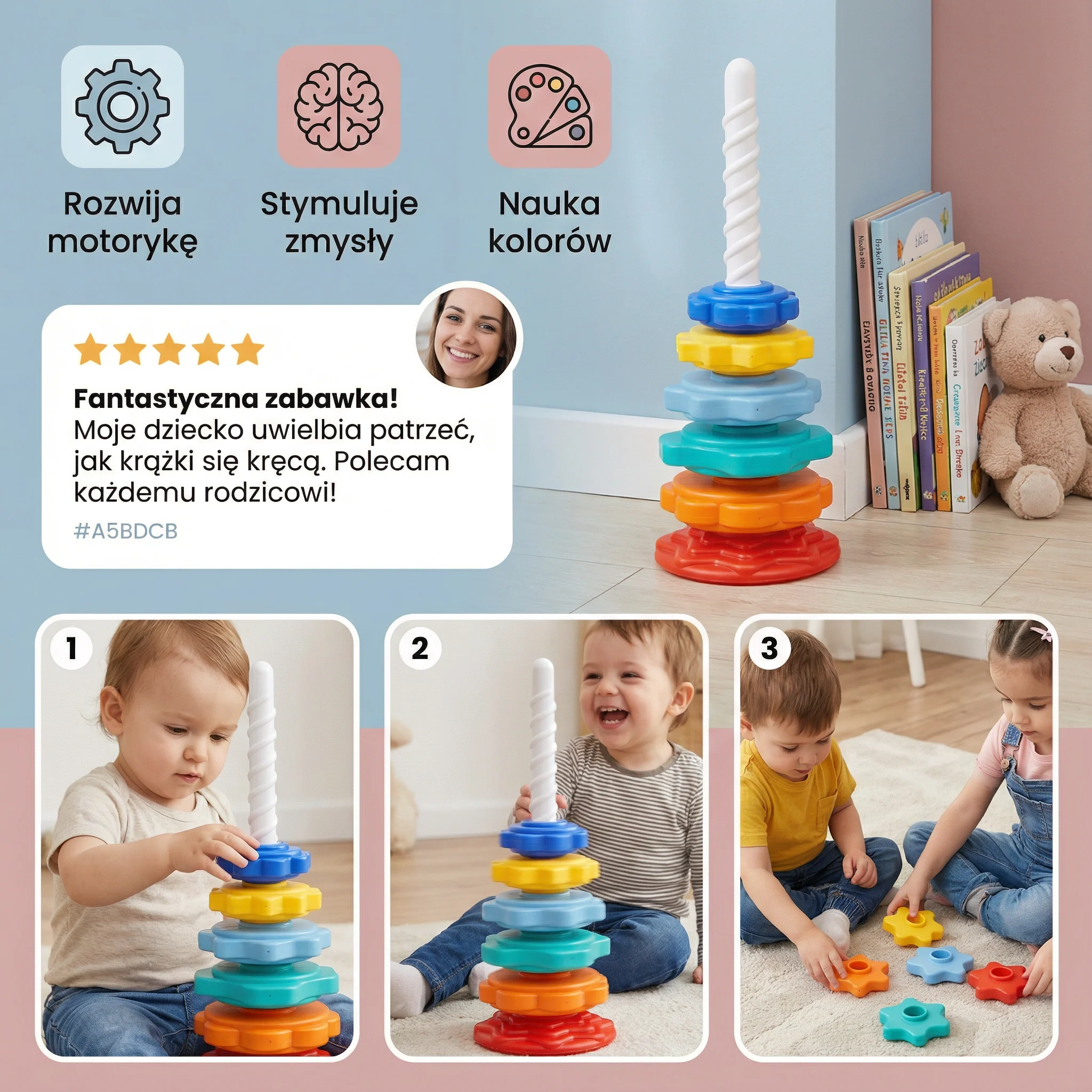 Zabawka tęczowa wieża obrotowa i kolorowa - Image 3