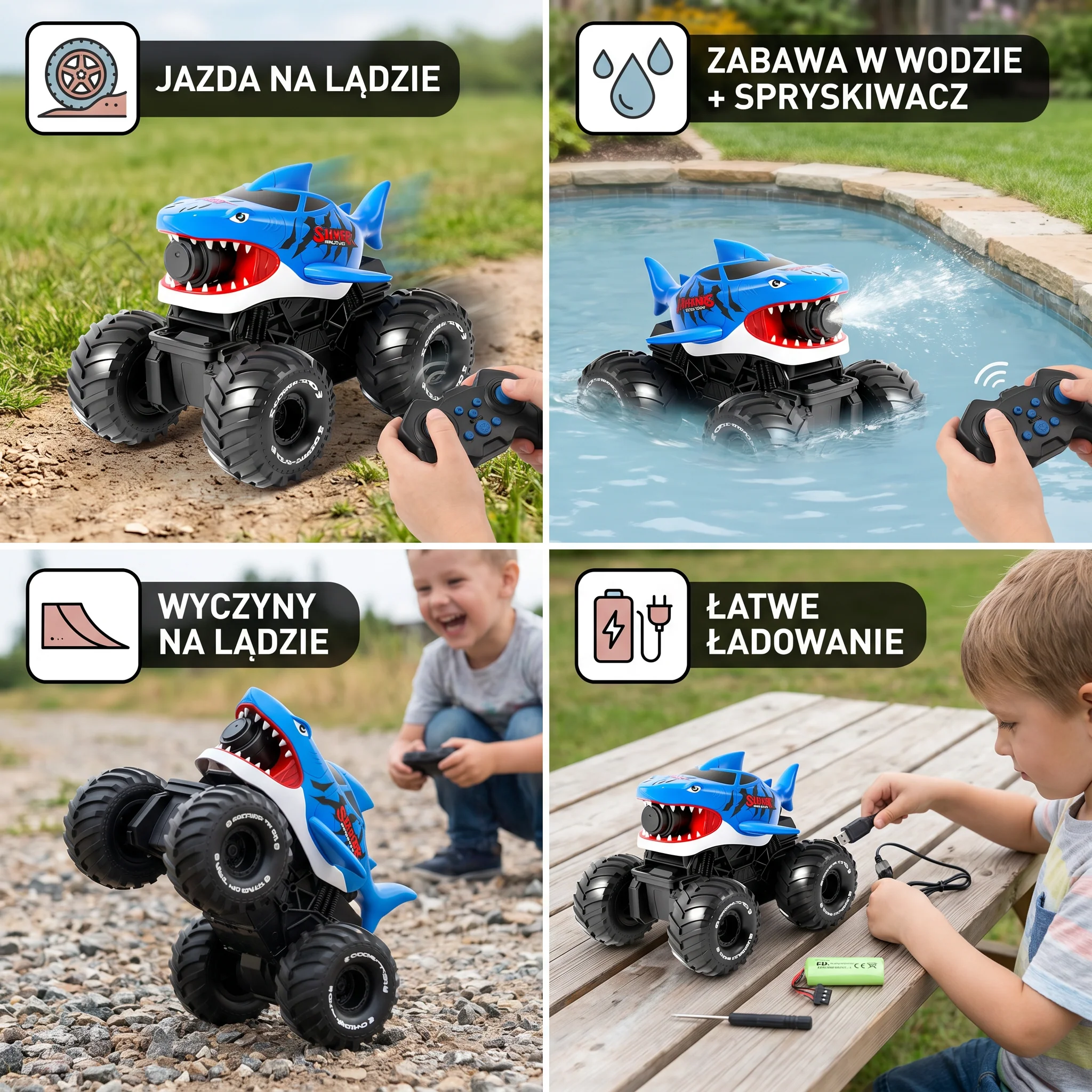 Zdalnie sterowany samochód-amfibia rekin do zabawy na lądzie i w wodzie z funkcją spryskiwacza - Image 5