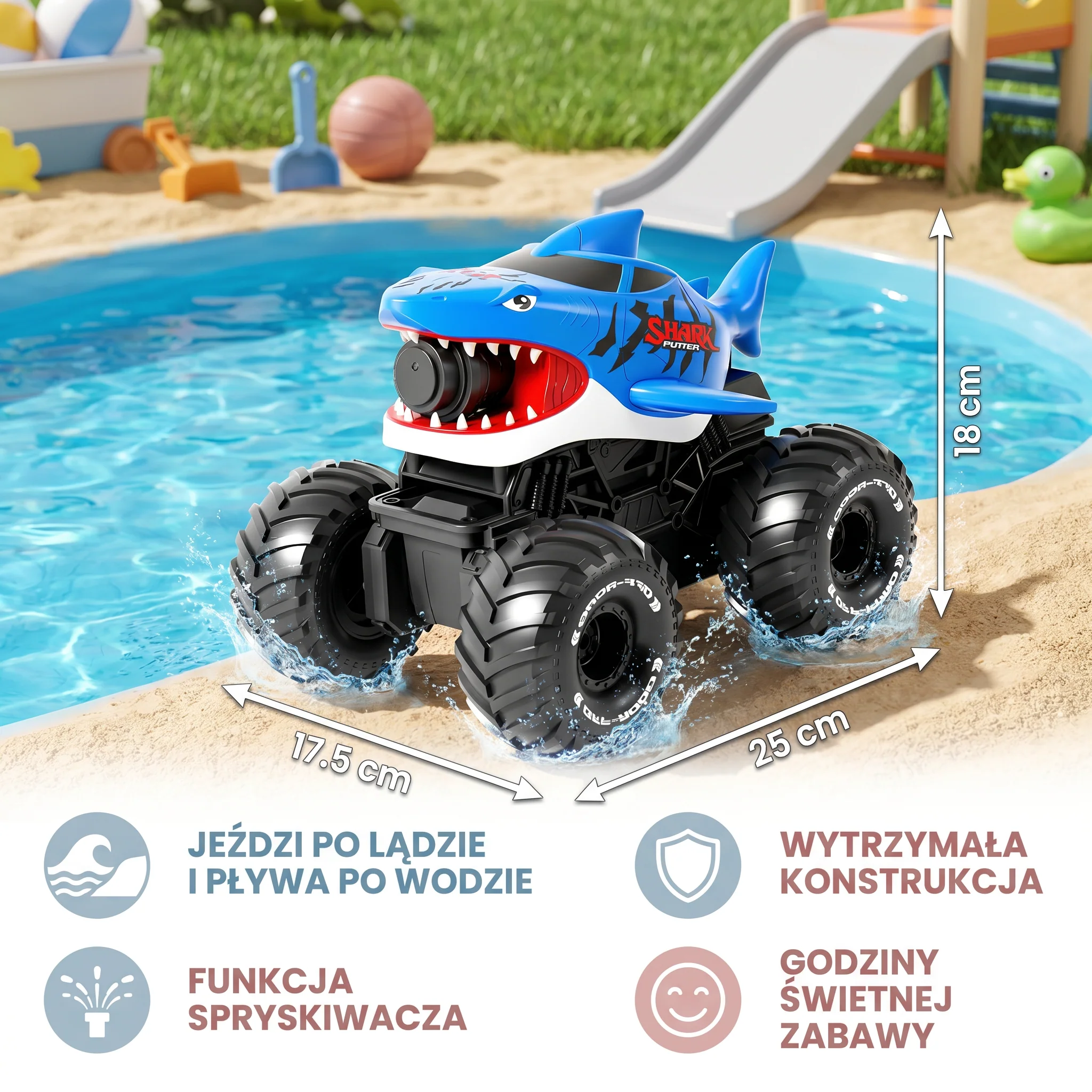 Zdalnie sterowany samochód-amfibia rekin do zabawy na lądzie i w wodzie z funkcją spryskiwacza - Image 6