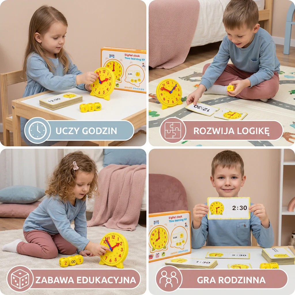 Zegar Edukacyjny dla Dzieci – Interaktywna Gra do Nauki Godzin z Kartami i Kostkami - Image 4