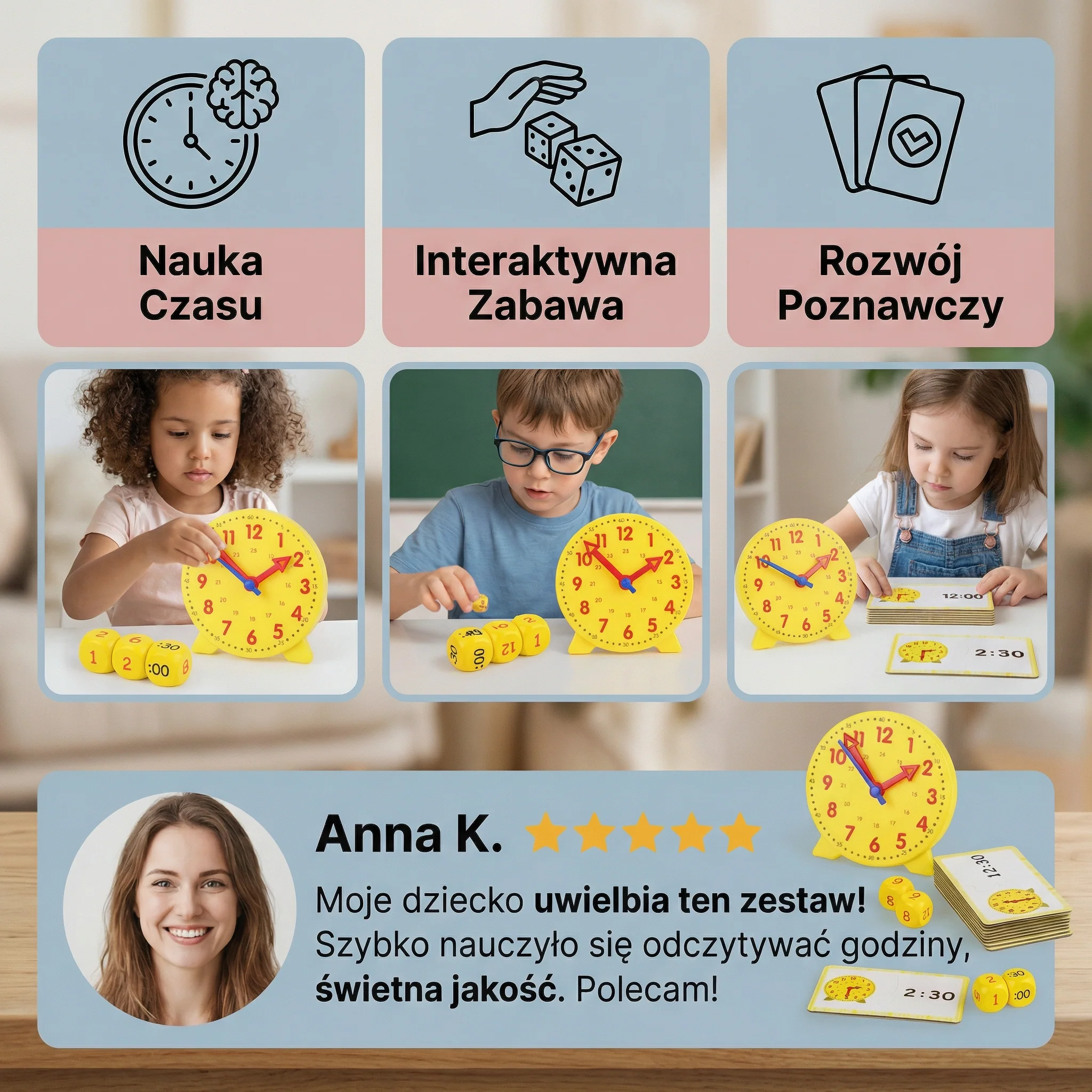 Zegar Edukacyjny dla Dzieci – Interaktywna Gra do Nauki Godzin z Kartami i Kostkami - Image 5