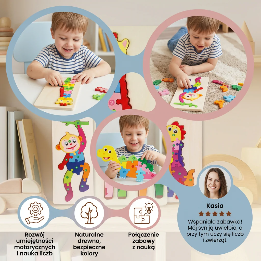 Zestaw Drewnianych Puzzli dla Dzieci – Układanka Edukacyjna z Liczbami i Zwierzętami - Image 3