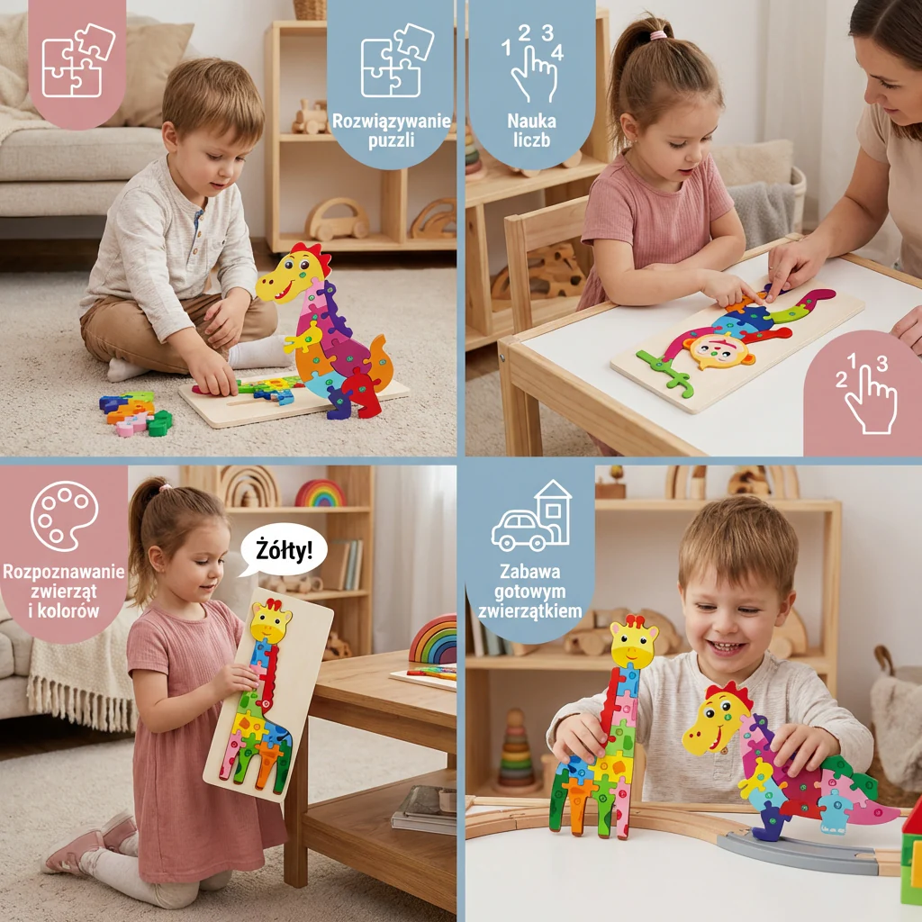 Zestaw Drewnianych Puzzli dla Dzieci – Układanka Edukacyjna z Liczbami i Zwierzętami - Image 4