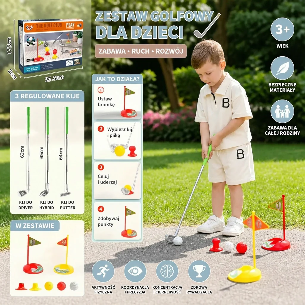 Zestaw Golfowy dla Dzieci z Regulowanymi Uchwytami – Idealny do Zabawy w Ogrodzie - Image 2