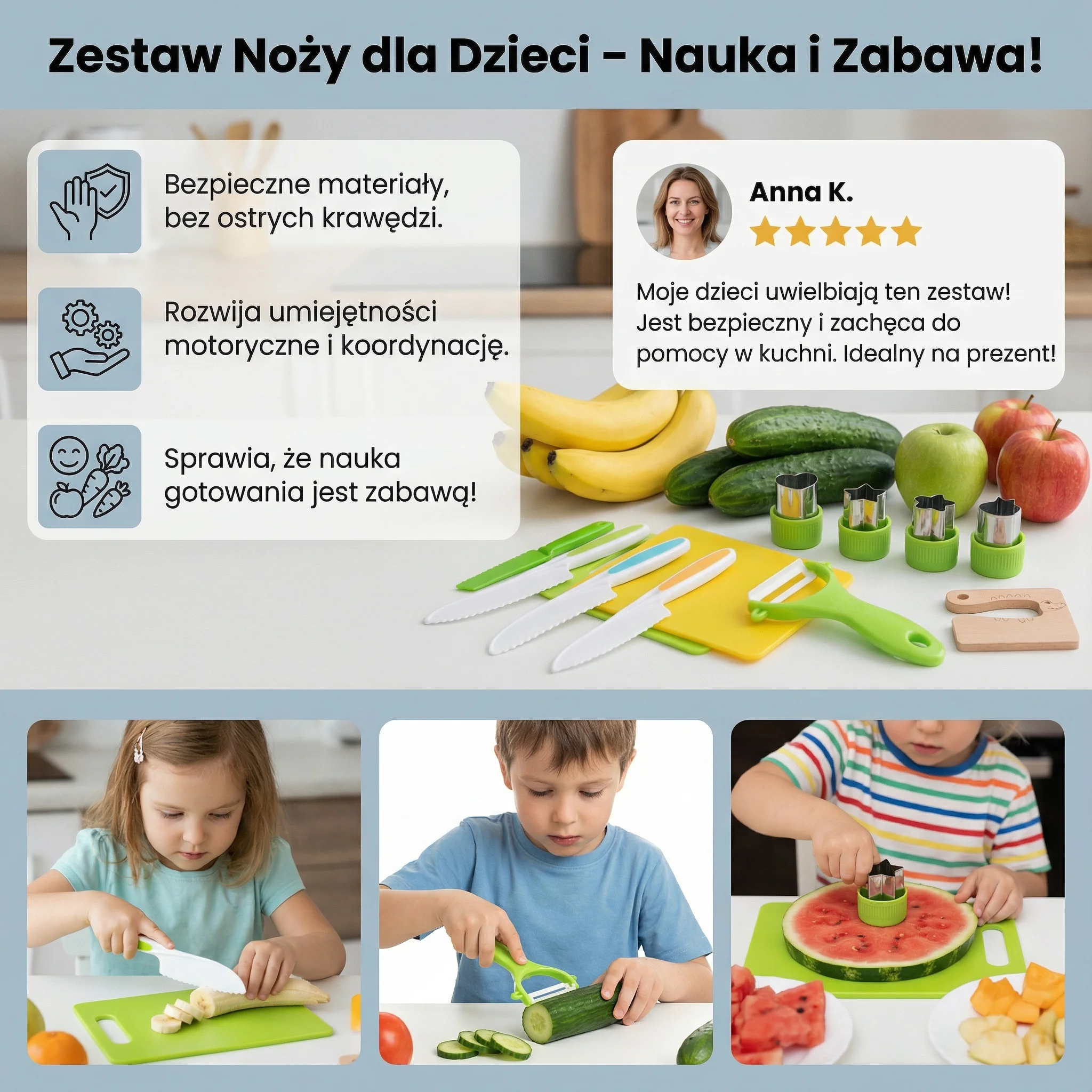 Zestaw noży do krojenia dla dzieci | Bezpieczne i zabawne narzędzia kuchenne do nauki krojenia owoców i warzyw - Image 3