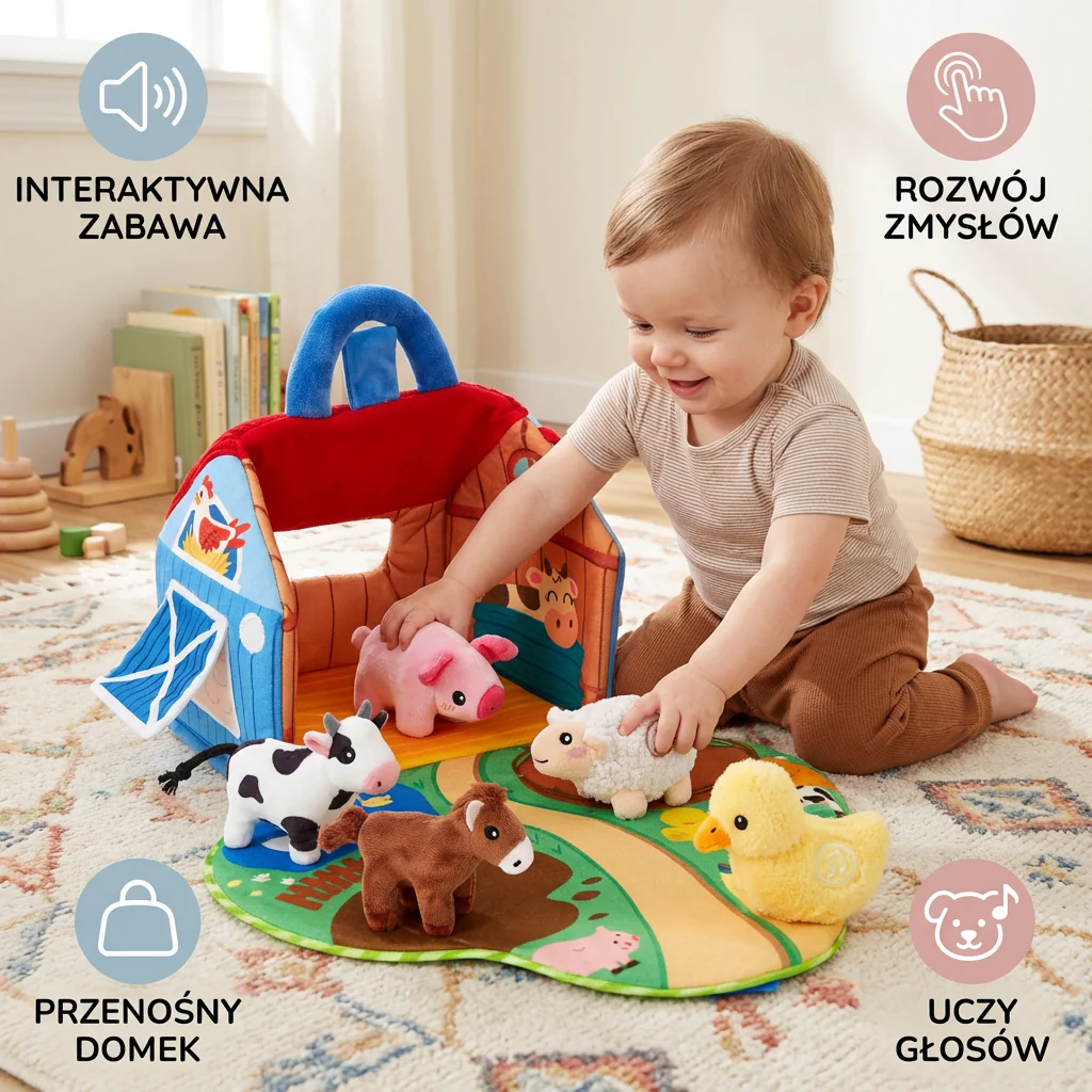 Zestaw Pluszowych Zwierząt z Farmy – Interaktywna Zabawka Edukacyjna z Przenośnym Domkiem do Zabawy - Image 3