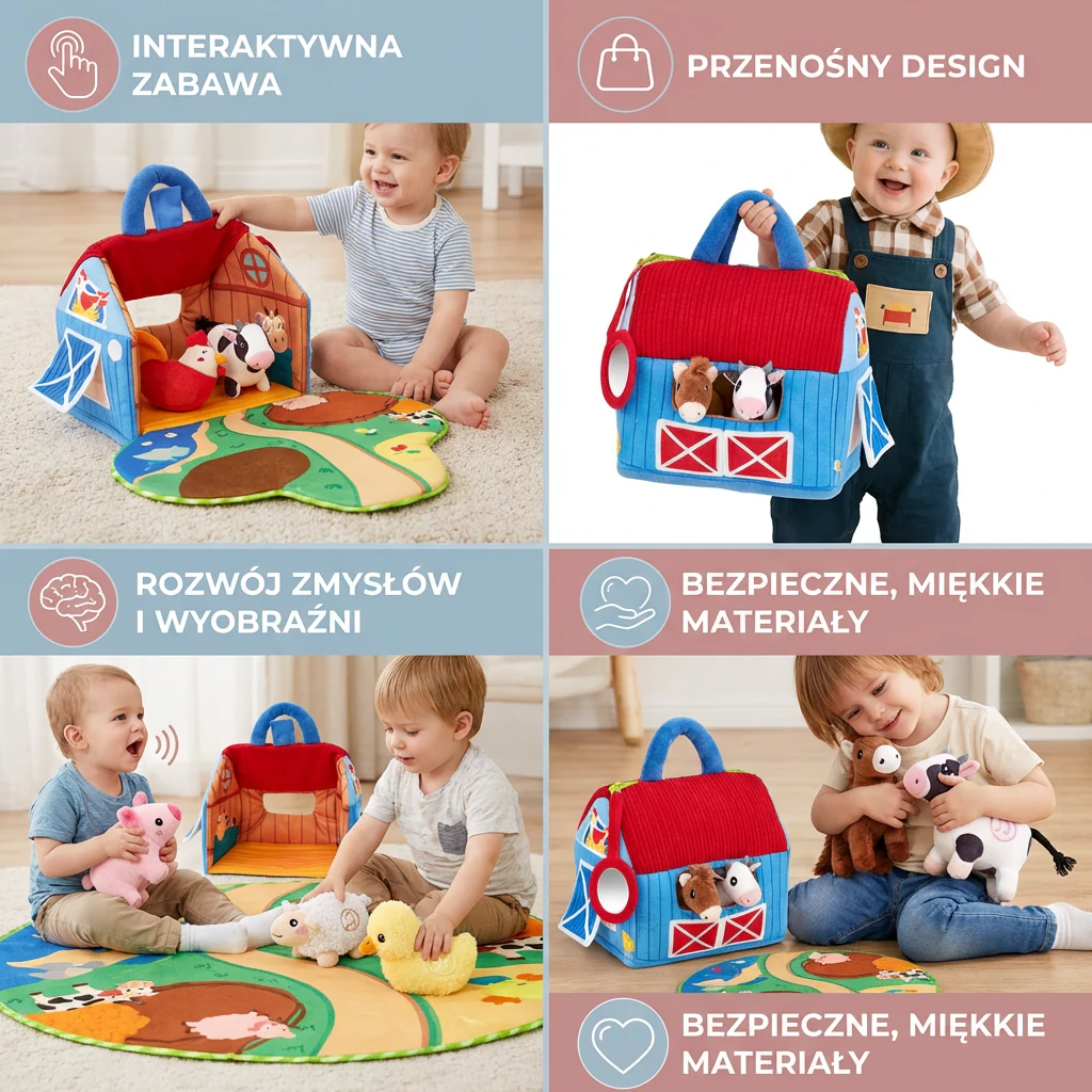 Zestaw Pluszowych Zwierząt z Farmy – Interaktywna Zabawka Edukacyjna z Przenośnym Domkiem do Zabawy - Image 4