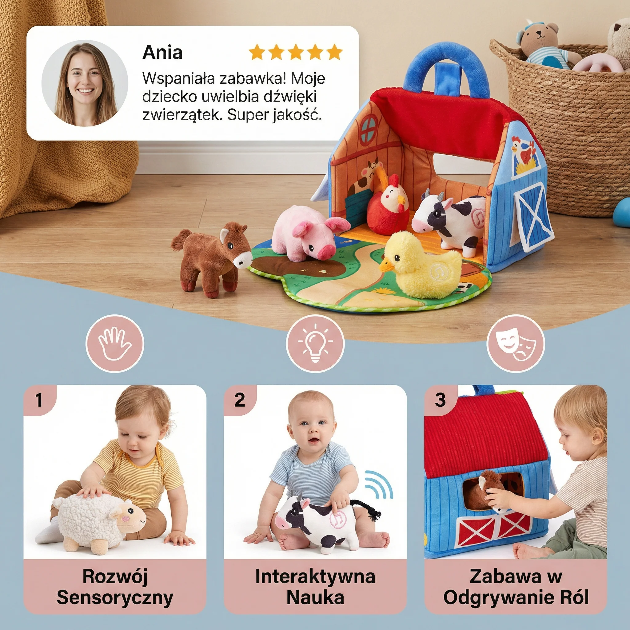 Zestaw Pluszowych Zwierząt z Farmy – Interaktywna Zabawka Edukacyjna z Przenośnym Domkiem do Zabawy - Image 5