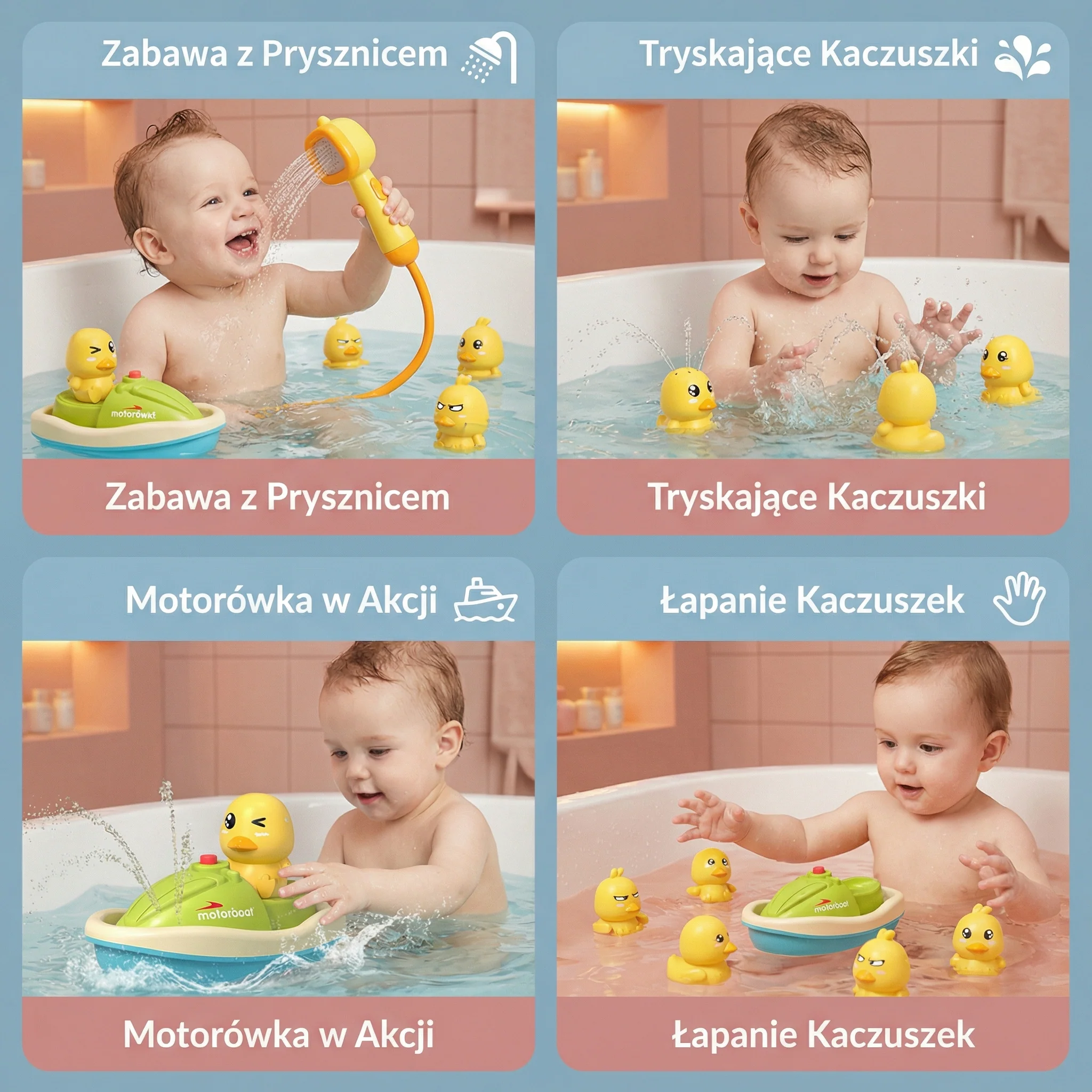 Zestaw zabawek do kąpieli dla niemowląt | Zabawne kaczki tryskające wodą z motorówką do interaktywnej zabawy w kąpieli - Image 4